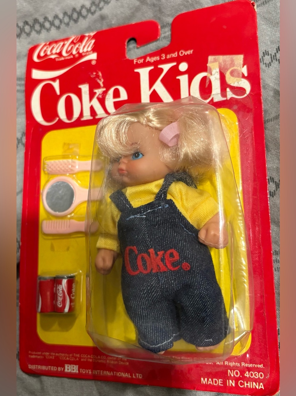 Coke Kids Blonde Doll in Blue Overalls - Coca Cola New Sealed 1986